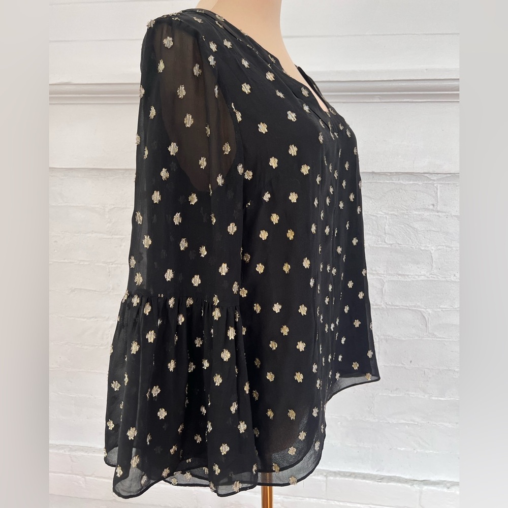 Lilly Pulitzer Amory Starry Silk Chiffon Blouse Black Gold Metallic Bell Sleeve - Picture 5 of 17
